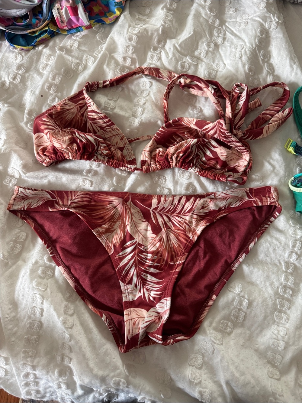 Xhilaration Maroon and Cream Tropical Leaf Bikini Set